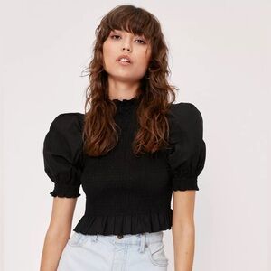 Nasty Gal Smocked Black Puff Sleeve Blouse High Neck